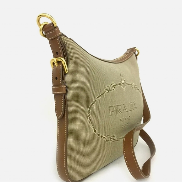 PRADA JACQUARD LOGO CANVAS BEIGE LEATHER SHOULDER BAG/R3364 - Picture 4 of 15
